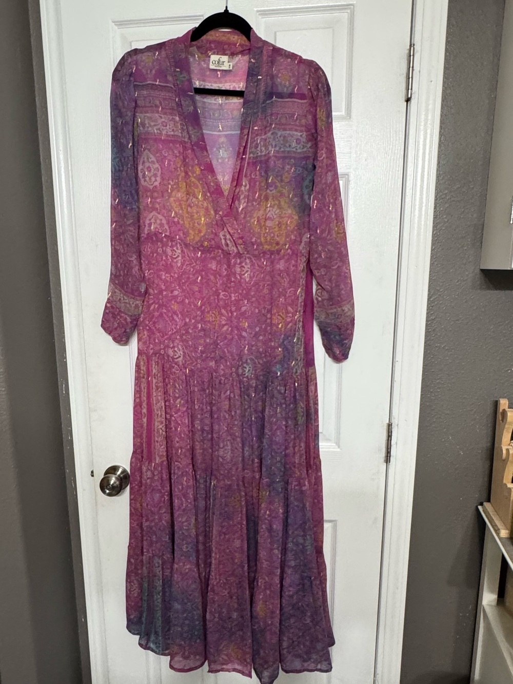Silk Boho V-Neck Tiered Midi Dress in Pink/Purple - Lightweight Floral S/M